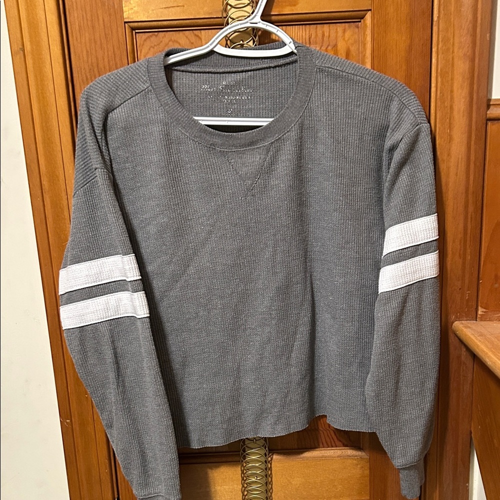 Hollister Charcoal and White Striped Crewneck Top